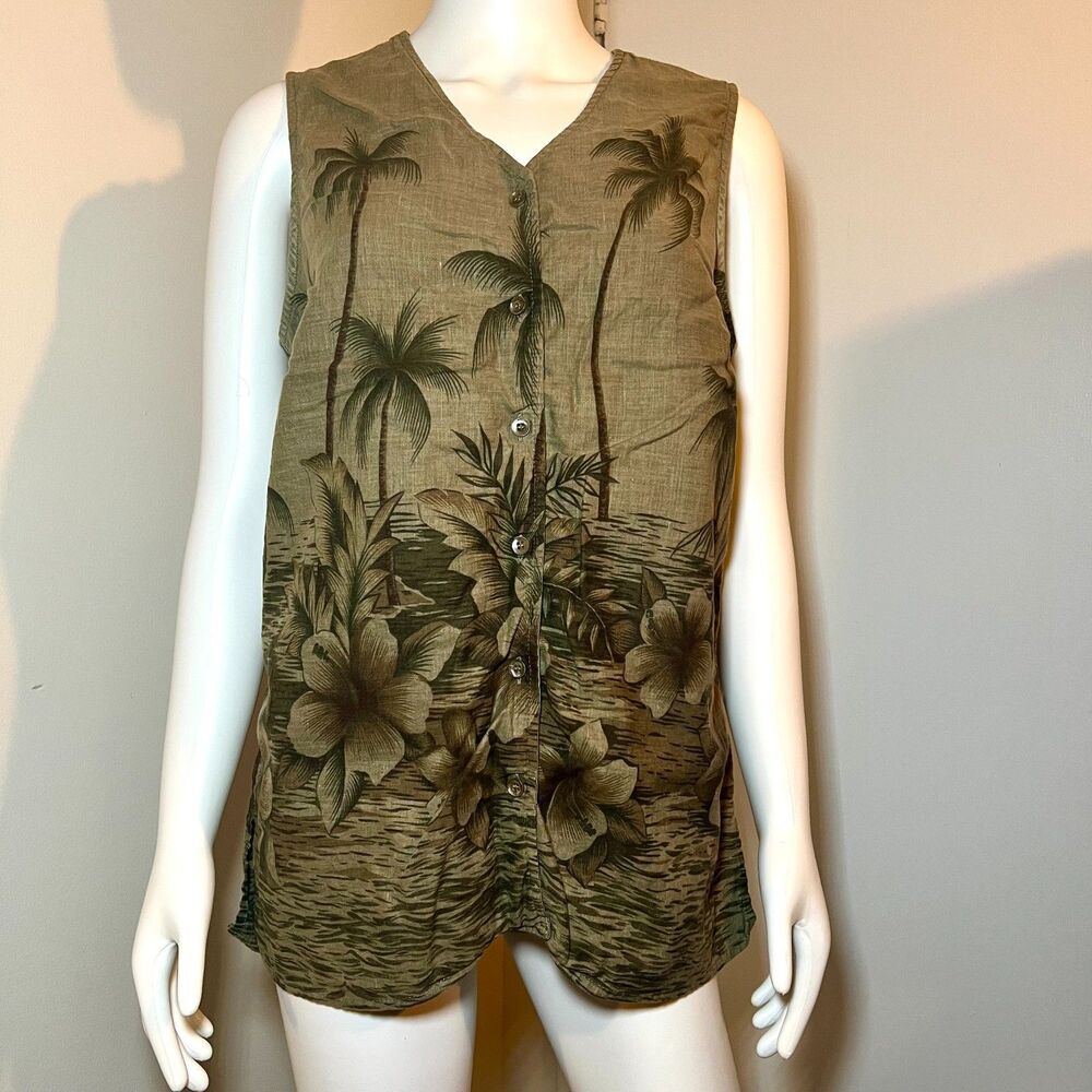 Vintage White Stag Button Down Vest L - Retro 90s Y2K Vacation Tropical Hawaiian